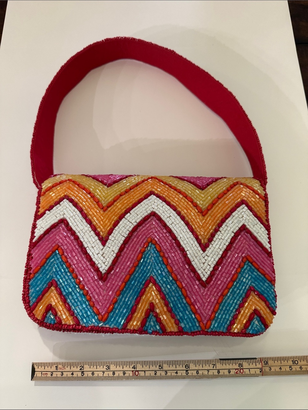 * Multicolor Hand Beaded Chevron Bag with Shoulder Strap